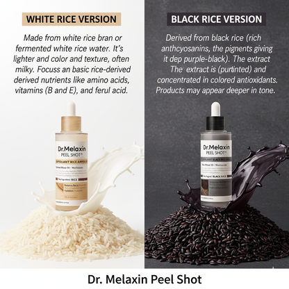 Dr. Melaxin Peel Shot with white rice and black rice on a gray background